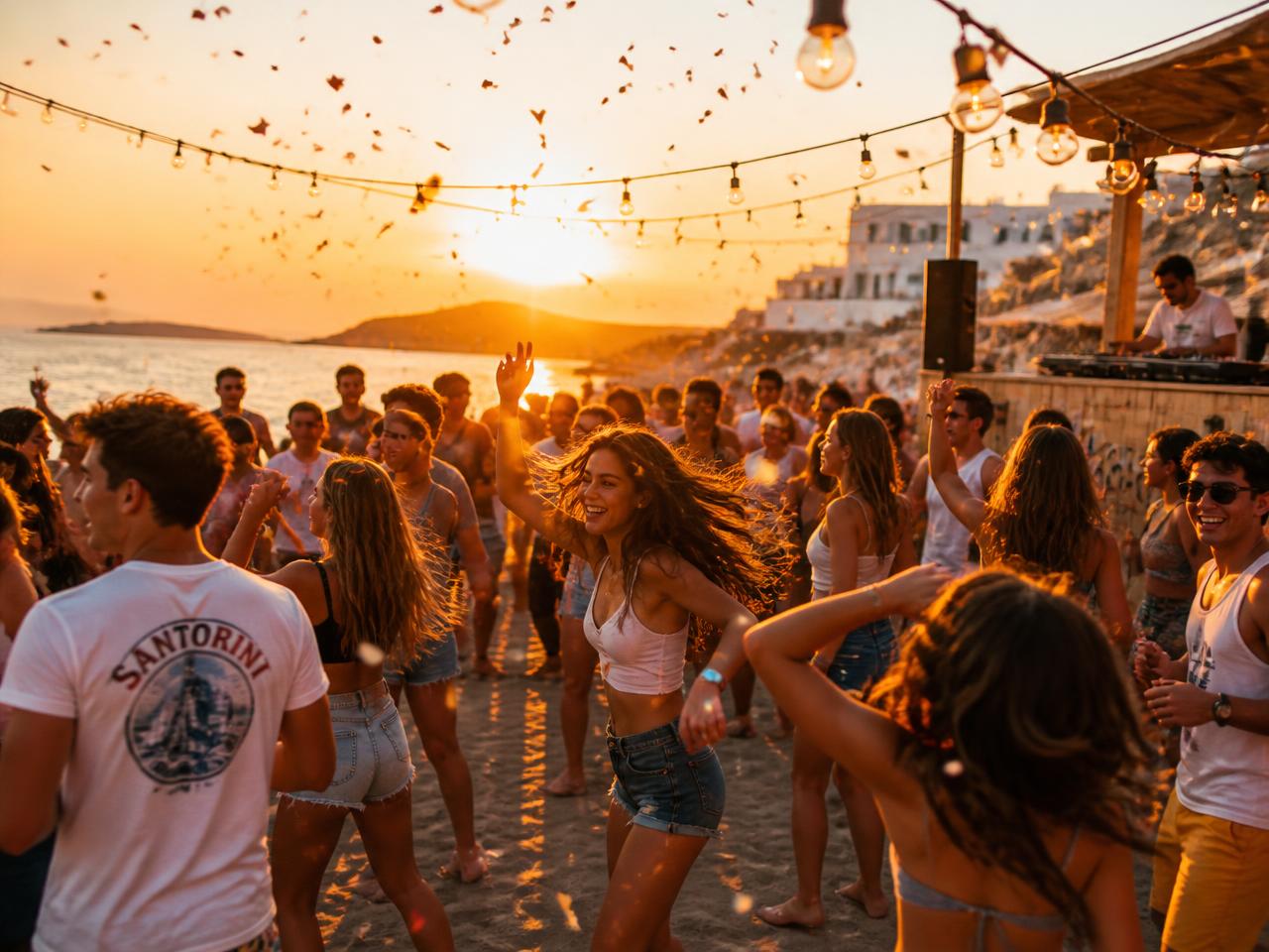 Sunset beach party με φοιτητές να χορεύουν