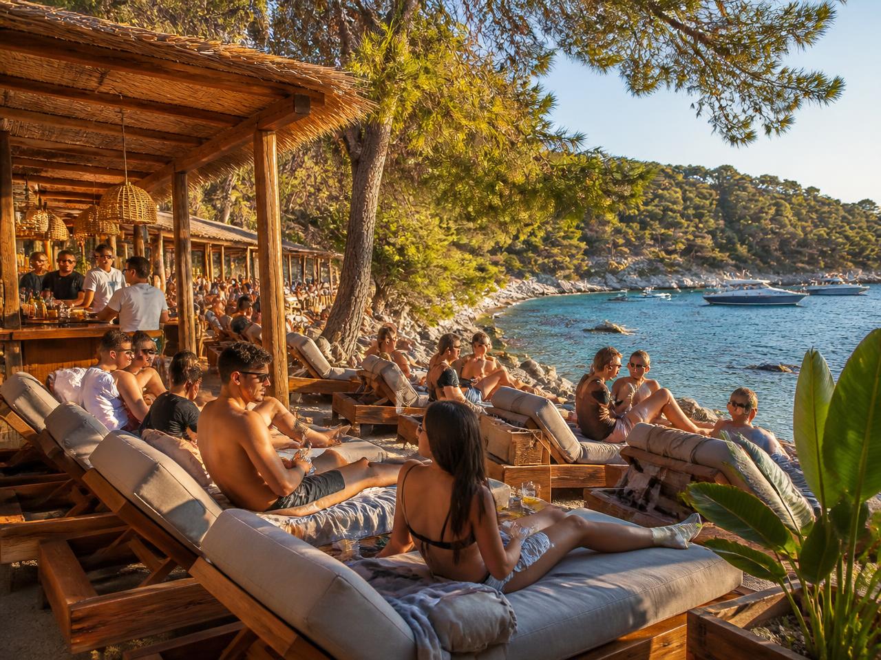 Beach bar με ξαπλώστρες δίπλα στη θάλασσα